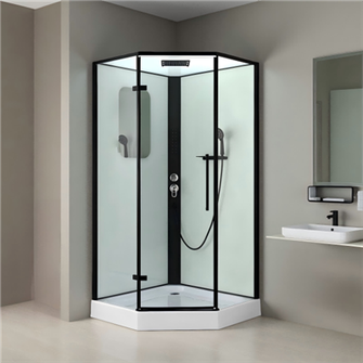 Päťuholníková sprchová kabína s jednodverovým čiernym rámom